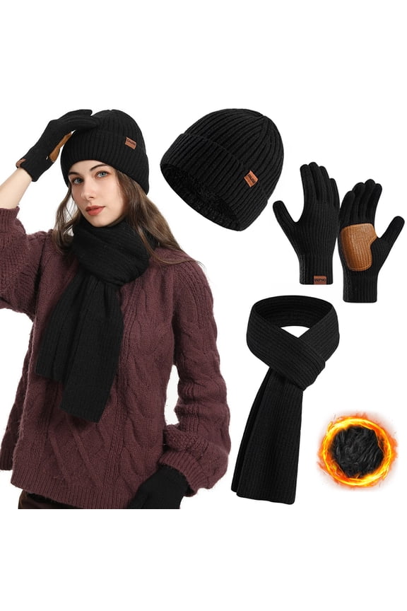 Square Black Winter Beanie Scarf Gloves Set, Warm Fleece Lined Long Knit Scarf Touchscreen Gloves for Cold Weather