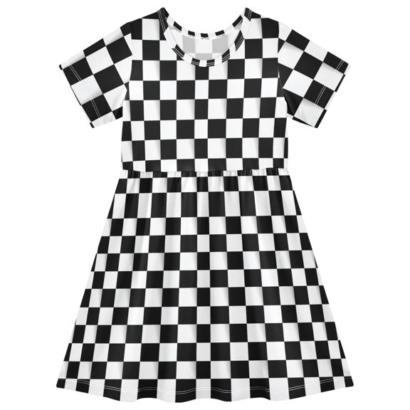 Square Black and White Grid Short Sleeve Dress A-Line Cute Midi Casual Sundress 2-8 Years