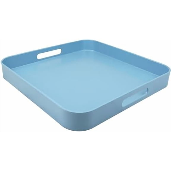 Square Blue Decorative Serving Tray with Handles, Versatile Ottoman Tray for Coffee Table, Entertaining, Outdoor Patio, Living Room, 13”*13”*1.6”
