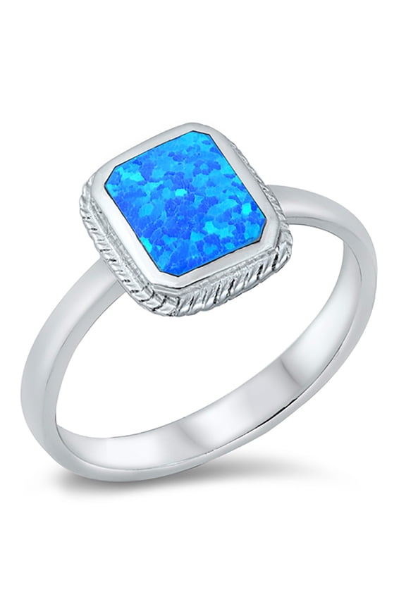 Square Blue Simulated Opal Rope Solitaire Ring Sterling Silver Size 8