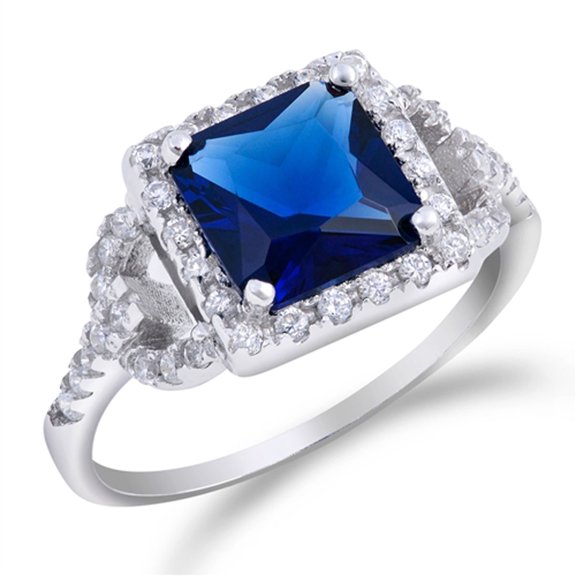 Square Blue Simulated Sapphire Bridal Halo Ring 925 Sterling Silver Band CZ Female Size 8