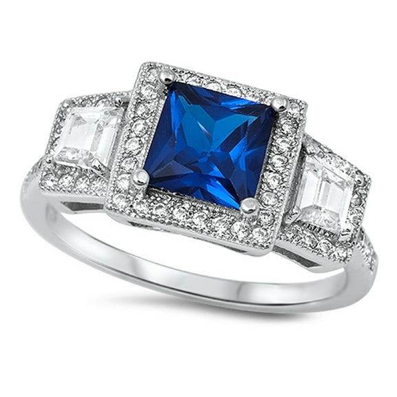 Square Blue Simulated Sapphire Halo Wedding Ring .925 Sterling Silver Band CZ Female Size 5