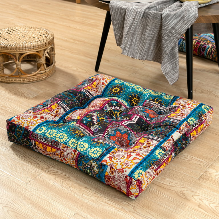 Square Bohemian Meditation Floor Cushion,Cotton Linen Thick Meditation  Pillow ,22x22 Inch,Turquoise