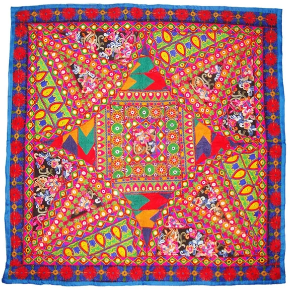 Square Bohemian Table Throw Tapestry Beaded & Embroidered Patchwork Decor Handmade