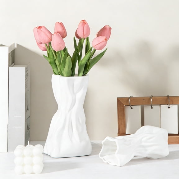 Square Bottom Pleated Flower Vase, Flat Mouth Roman Style Decorative Vase for Artificial Flowers Indoor Tabletop Home Accent