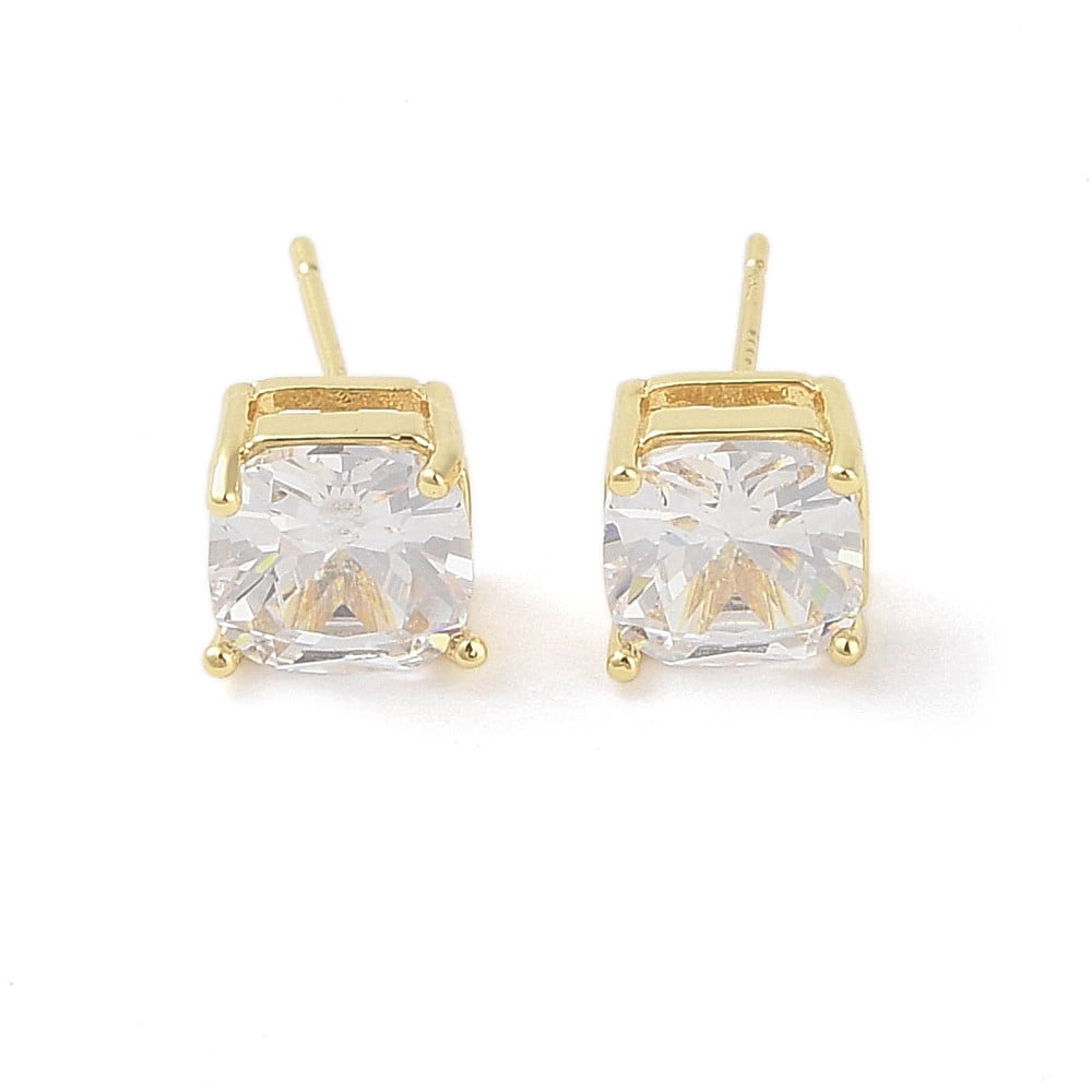 Square Brass Stud Earrings with Clear Glass for Women Real 18K Gold Plated 8x8.5mm