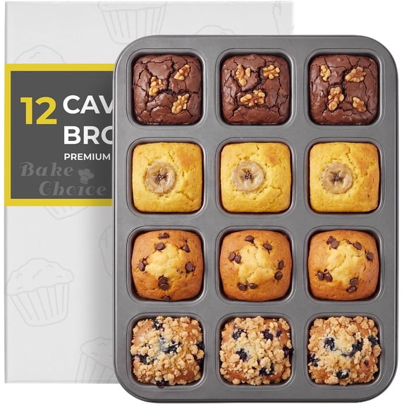 Square Brownie Pan with Dividers, Non Stick Carbon Steel Baking Tray, All Edges Brownie Bite Pan, 1 Pack 12 Cavity, for Individual Brownies, Cupcakes, Muffins, Cookies, Bread