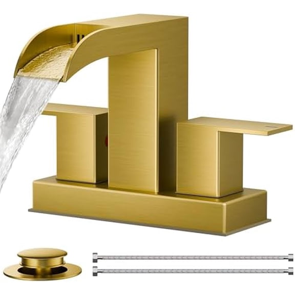 Square Brushed Gold Bathroom Faucets for 2 Hole or 3 Hole, Waterfall 4 Inch Centerset Bathroom Sink Faucet with Metal Pop-up Drain and Supply Lines, Two Handles for Vanity, Laundry Room, Basin