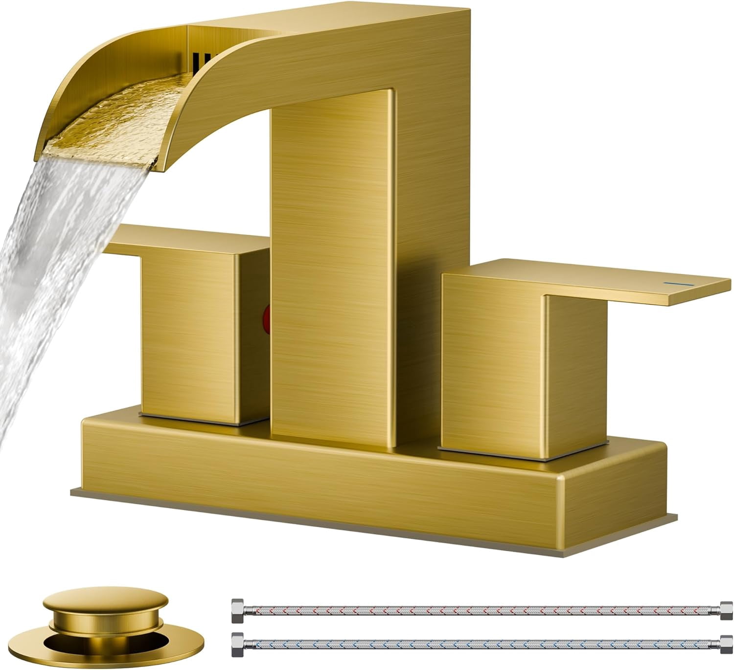 Square Brushed Gold Bathroom Faucets for 2 Hole or 3 Hole, Waterfall 4 ...