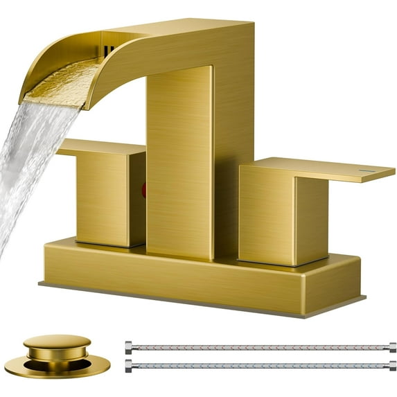 Square Brushed Gold Bathroom Faucets for 2 Hole or 3 Hole, Waterfall 4 Inch Centerset Bathroom Sink Faucet with Metal Pop-up Drain and Supply Lines, Two Handles for Vanity, Laundry Room, Basin