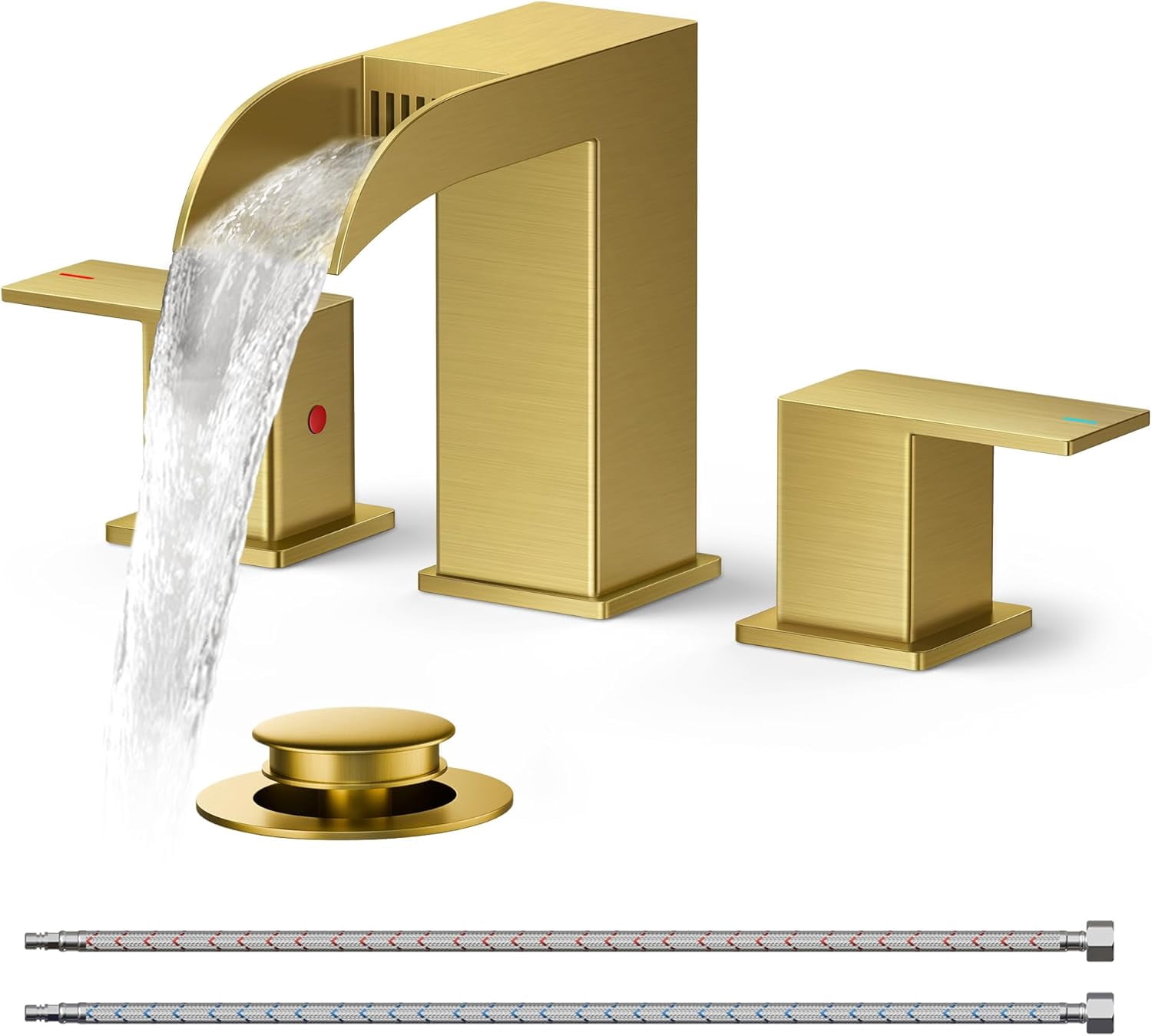 WOWOW 8 Inch Brushed Gold Waterfall Widespread Bathroom Faucet With Pop-up Drain & Supply Hoses - View #4