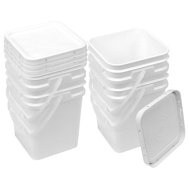 Square Bucket Kit, Four 4Gallon Buckets and Four White Snapon Lids