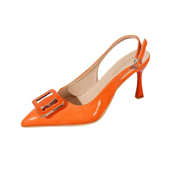 Square Buckle Back Open Thin Heel Sandals, Pointed Toe High Heels, Elegant Patent Leather, Casual Summer Footwear for Women Orange,43