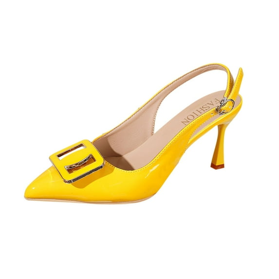 Square Buckle Back Open Thin Heel Sandals, Pointed Toe High Heels, Elegant Patent Leather, Casual Summer Footwear for Women Yellow,40