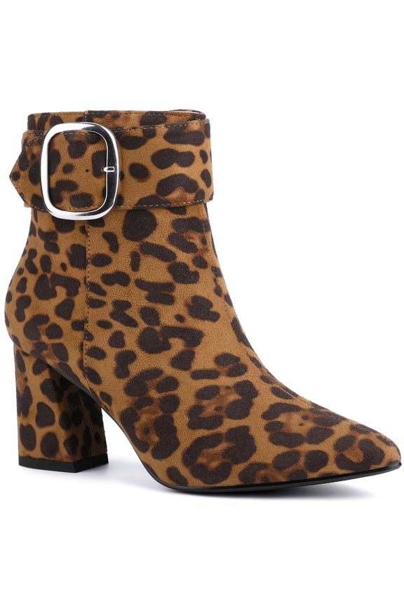 Women's Ankle Boots Leopard Faux Suede Pointed Toe Block Heel Square Buckle Boot Leopard 6.5