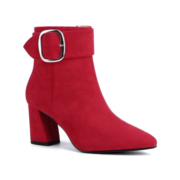 BLISSFUL STEP Women's Ankle Boots Leopard Faux Suede Pointed Toe Block Heel Square Buckle Boot Red 6