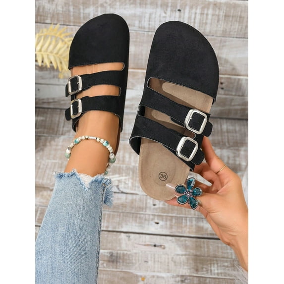 Square Buckle Striped Women‘s Flat Shoes