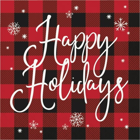 Square Buffalo Plaid 6 1/2" x 6 1/2" Folded Size Lunch Napkin, Happy Holidays,Pack of 16,2 packs