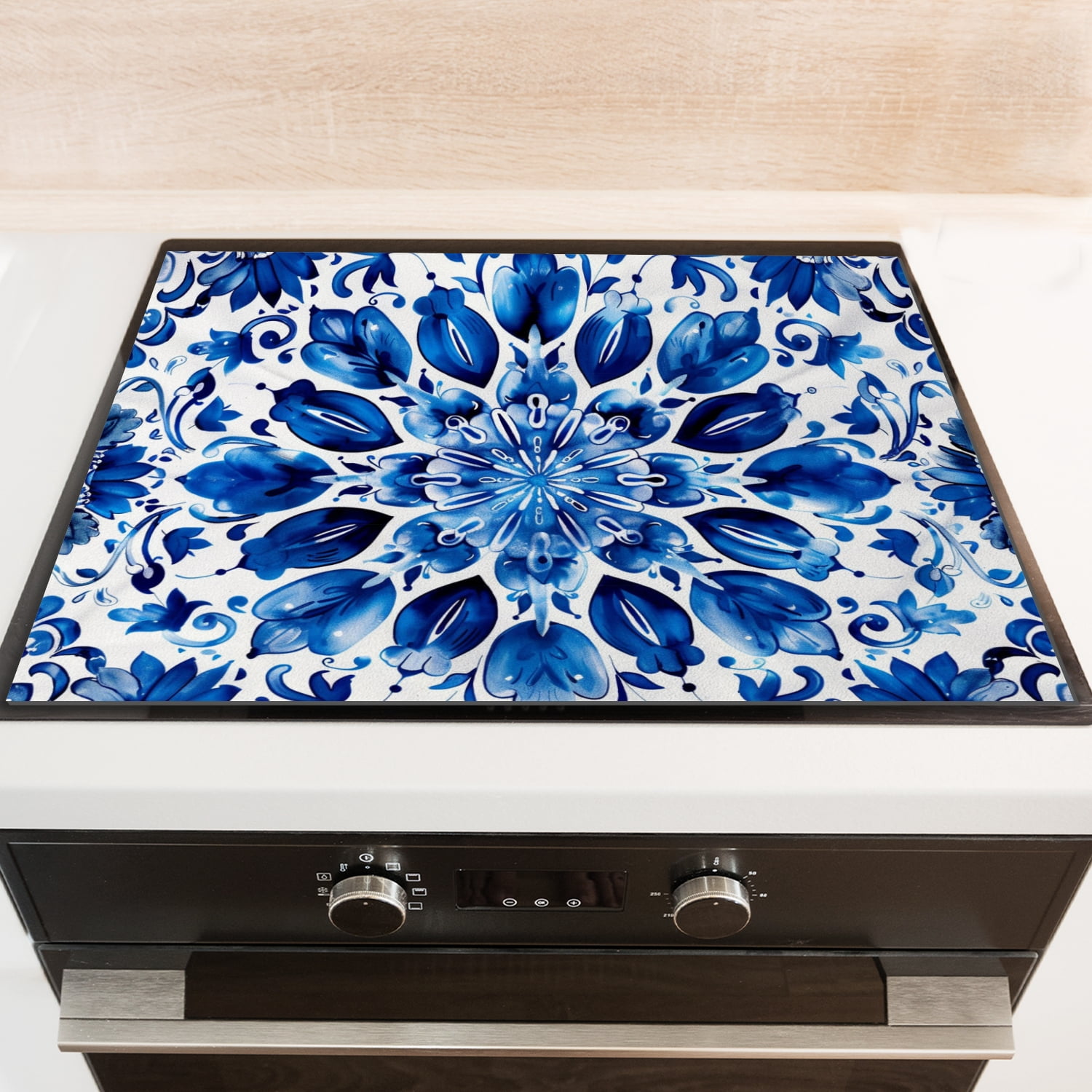 Square Burner Cover For Electric Stove, Blue And White Porcelain-Style Floral Pattern With Large Flowers Heat Resistant Glasstop Stove Covers, Decoration Mat for Kitchen RV(28×20 Inch)