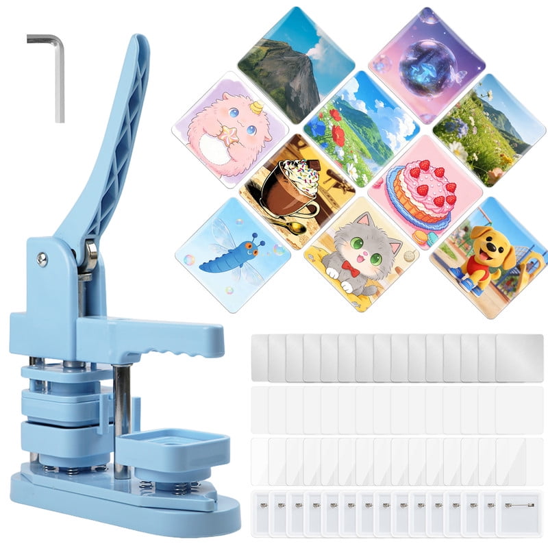 Square Button Maker Machine with 100 Sets of Button Supplies Parts, 50 * 50mm Hand Press Pin Badge Making DIY Craft Items, Light Blue