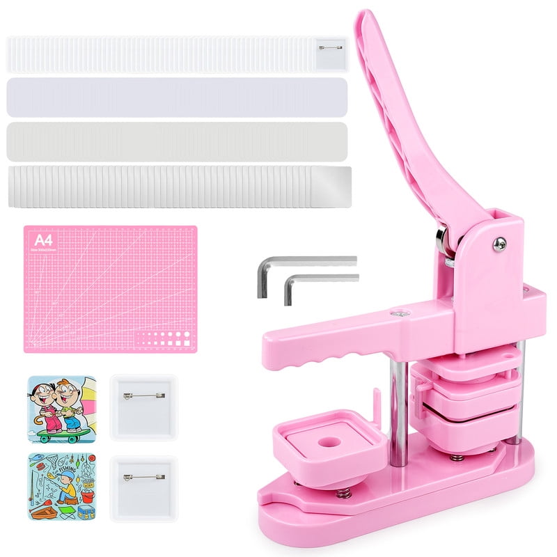 Square Button Maker Machine with 100 Sets of Button Supplies Parts, 50 * 50mm Hand Press Pin Badge Making DIY Craft Items, Pink