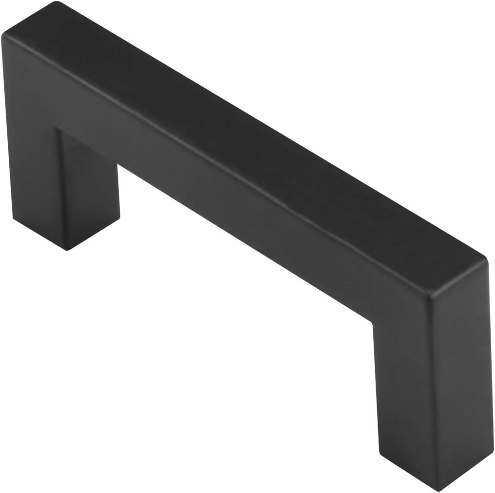 Square Drawer Pull Handle, Flat Black, Stainless Steel Modern Hardware (10, 3.4" Length