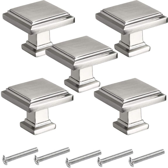 Square Cabinet Knobs 5 Pack Brushed Nickel 1-1/4" Zinc Alloy Hardware