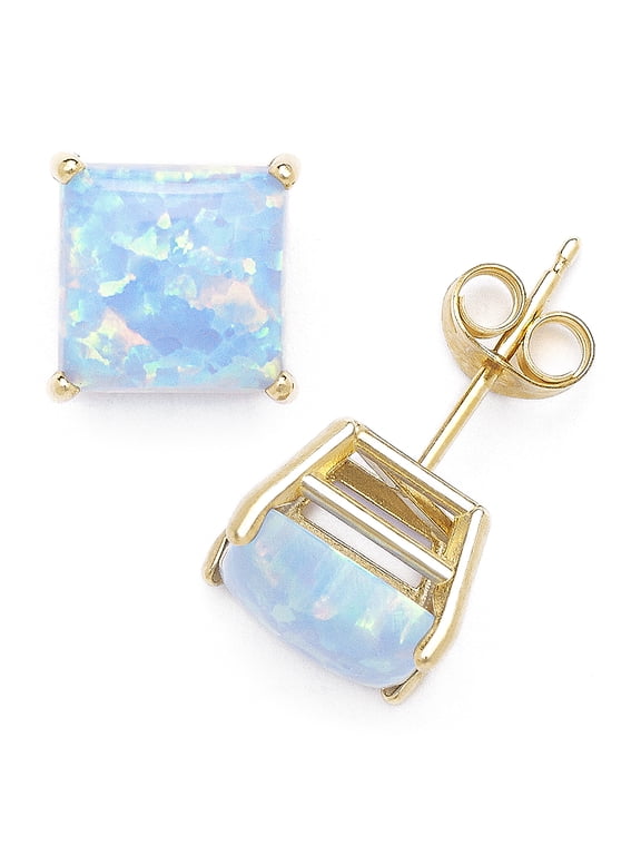 Square Cabochon Azure Blue Opal Stud Earrings in Solid 14k Yellow Gold
