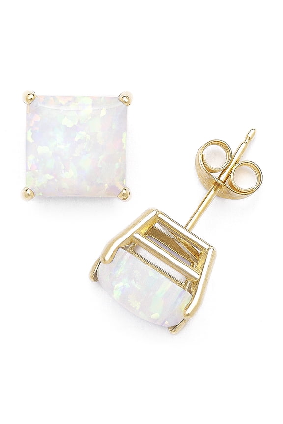 Square Cabochon Fiery White Opal Stud Earrings in Solid 14k Yellow Gold