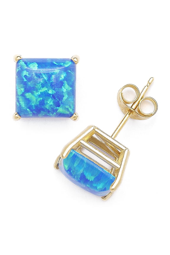 Square Cabochon Pacific Blue Opal Stud Earrings in Solid 14k Yellow Gold