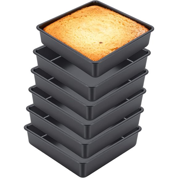 Square Cake Pan Set, 7.8 x 7.8 x 2 Inch Deep Baking Tins, 6 Piece, Black