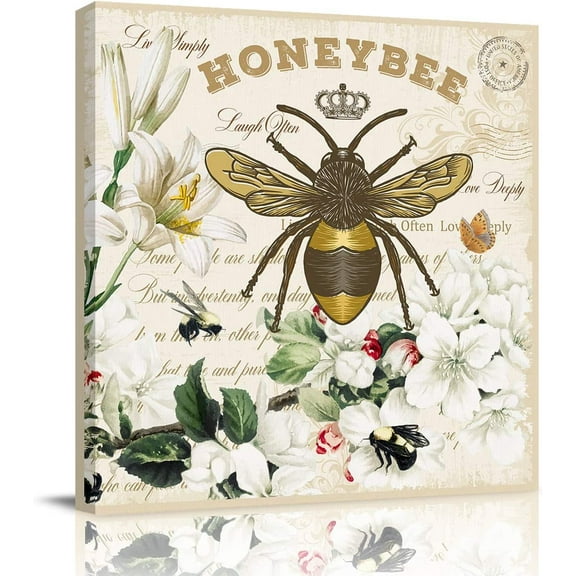 Square Canvas Wall Art for Kitchen Bathroom Honey Bee and Flower Retro Letter Background Picture Print Painting Artwork for Living Room,Bedroom,Office,Stretched and Framed 16"x16"