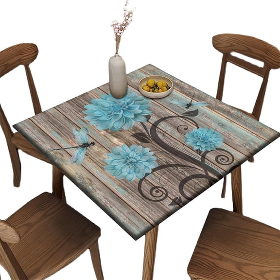 Square Card Table Cover Fitted, Wood and Flower Pattern Printed on Wrinkle Resistant Polyester Table Cloth, for Family Party and Patio Decoration, Fit for 36" x 36" Square Table
