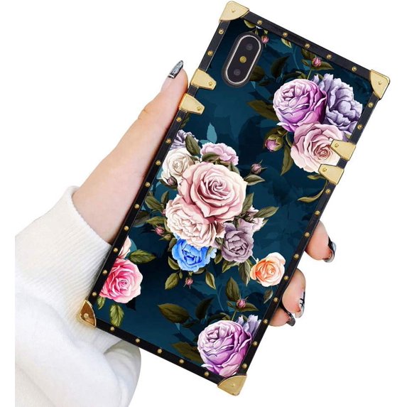 Square Case Compatible iPhone Xs iPhone X Case Rose Flowers Luxury Elegant Soft TPU Shockproof Protective Metal Decoration Corner Back Cover iPhone XS/X/10 Case 5.8 Inch