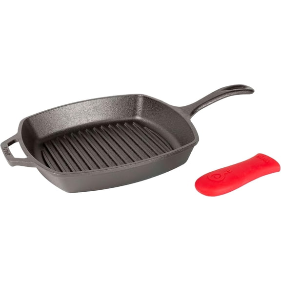 Square Cast Iron Grill Pan 10.5 Inches - Pre-Seasoned Square Skillet - Ridged Burger Grill Pan - Even Heat Distribution - PFAS-Free Non-Toxic Cookware | camping-cooking-utensils