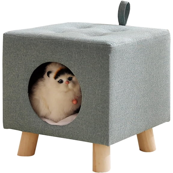 Square Cat Bed Stool with Solid Wood Legs, Multipurpose Pet House/Cat Hideaway, Kittens Nest Used as Foot Stool/Footrest, Easy to Move
