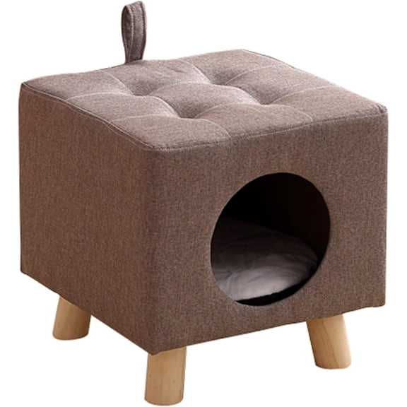 Square Cat Bed Stool with Solid Wood Legs, Multipurpose Pet House/Cat Hideaway, Kittens Nest Used as Foot Stool/Footrest, Easy to Move