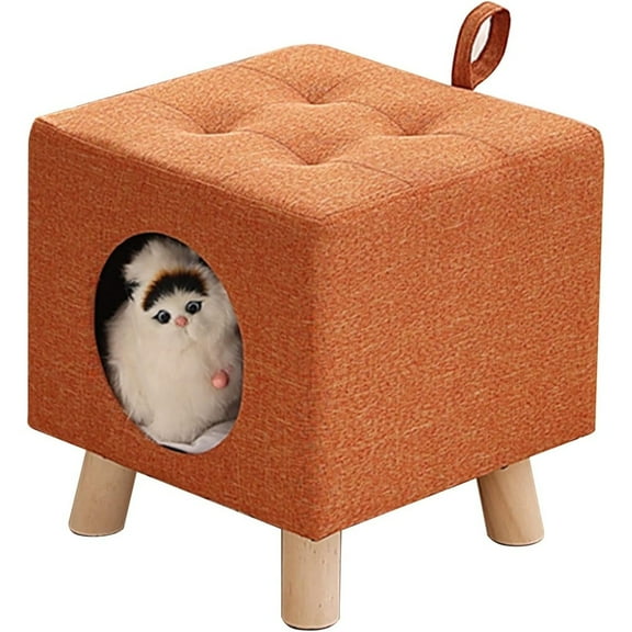 Square Cat Bed Stool with Solid Wood Legs, Multipurpose Pet House/Cat Hideaway, Kittens Nest Used as Foot Stool/Footrest, Easy to Move