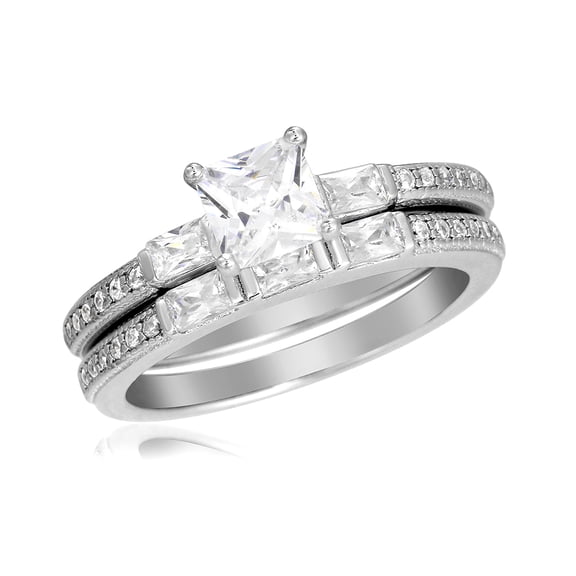 Square Center Micro Pave Sides Cubic Zirconia Wedding Ring Rhodium Plated Sterling Silver Size 9