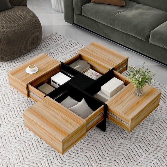 Square Center Table | Puzzle - designed Top, 4 Drawers for Hidden Storage | Particleboard Material for Sturdiness | Keep Living Room in Order