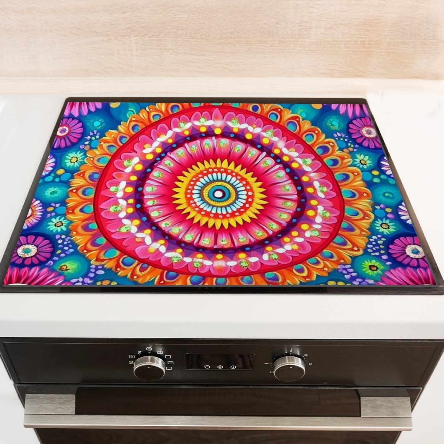 Square Ceramic Cooktop Cover for Stovetop, Floral Mandala Colorful Print Multipurpose Countertop Protector Mat, Waterproof Dustproof Oilproof Stove Cover Pad for Kitchen RV (28×20 Inch)