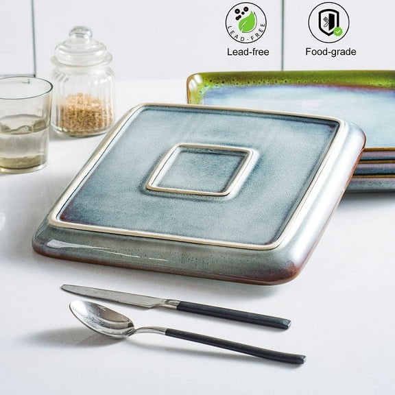 Square Ceramic Dinner Plates 11 Inch – Large Stoneware Serving Plates Set of 4 for Steak, Pasta & Salad, Microwave & Dishwasher Safe – Reactive Glaze Green