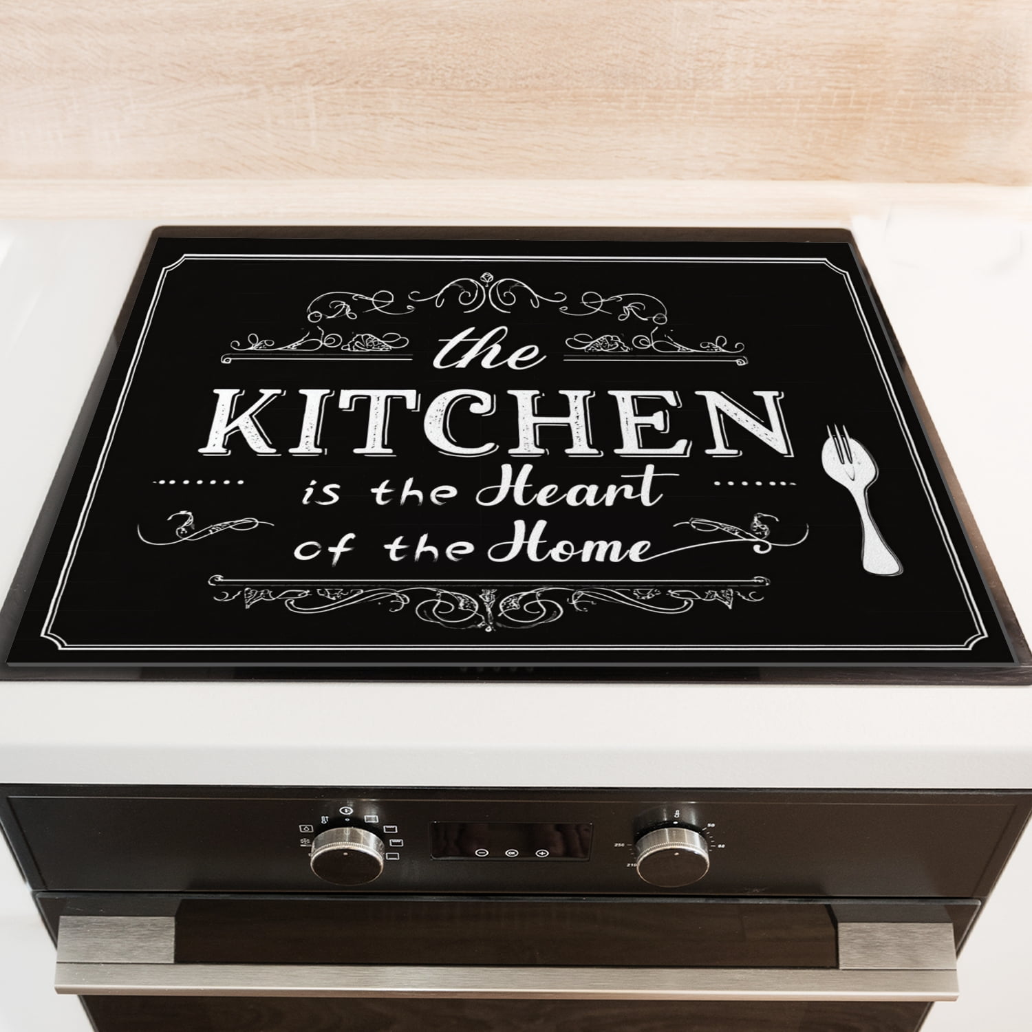 Square Ceramic Stove Top Cover, Spoon on Black Canvas Kitchen is The Heart of The Home Waterproof Stovetop Protector Mat, Multipurpose Foldable Pad for Kitchen RV (28×20 Inch)