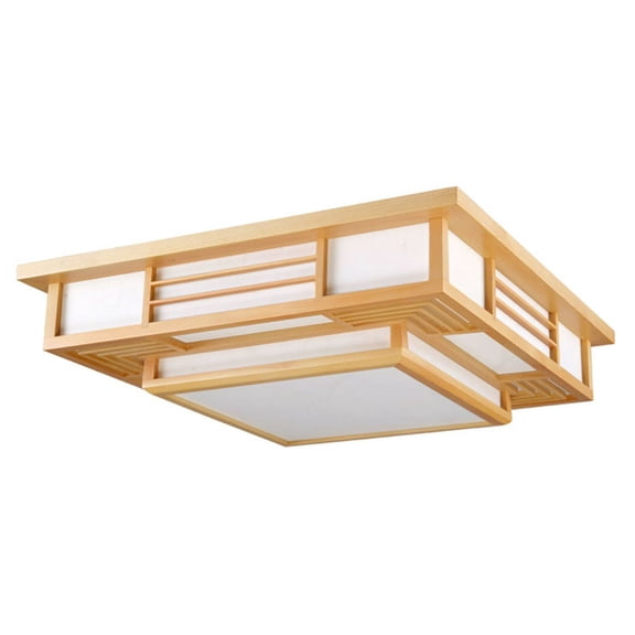 Square Chandelier Ceiling Light LED Pendant Lamp Fixture Wood Color Frame Shade 48W Remote Control Living Room Lighting Decor