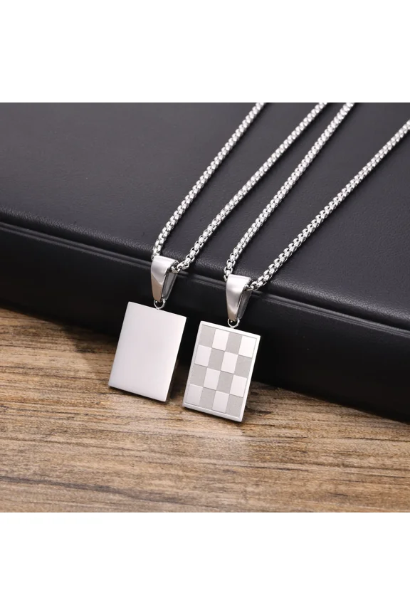 Square Checkered Necklace for Men Women,14K Yellow Gold Checkerboard Geometric Tag Pendant Collar Birthday Gifts Jewelry