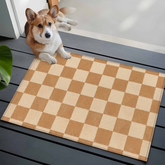 Square Checks Front Door Rugs 2x3ft Vintage Minimalist Tan Beige Blocks Gingham Washable Rug, Non Slip Indoor Carpet Absorbent Floor Mat for Living Room Bedroom Dining Room
