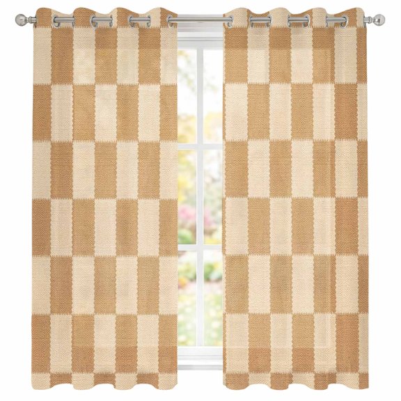 Square Checks Sheer Curtains 39 Inch Long 2 Panels, Vintage Minimalist Tan Beige Blocks Gingham Light Filtering Semi Sheer Drapes Grommet Voile Window Curtain for Living Bedroom W27.9 x L39