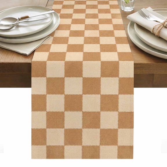 Square Checks Table Runner 13x36 Inch Vintage Minimalist Tan Beige Blocks Gingham Cotton Linen Dining Table Runner Ideal for Dresser Kitchen Coffee Tables - Machine Washable