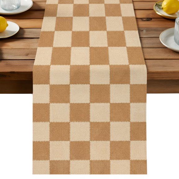Square Checks Table Runner, Vintage Minimalist Tan Beige Blocks Gingham Washable Kitchen Table Runners Dress Scarves for Dining Table Decorations Party/Restaurant/Indoor Outdoor Use, 13x36in