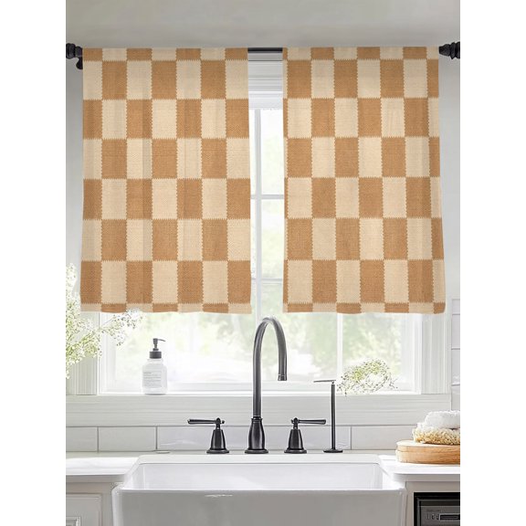 Square Checks Window Sheer Curtain Vintage Minimalist Tan Beige Blocks Gingham Semi Curtain Sheers Light Filtering Rod Pocket Voile Drapes for Bedroom Kitchen Living Room 52 X 45 Inch, 2 Panels